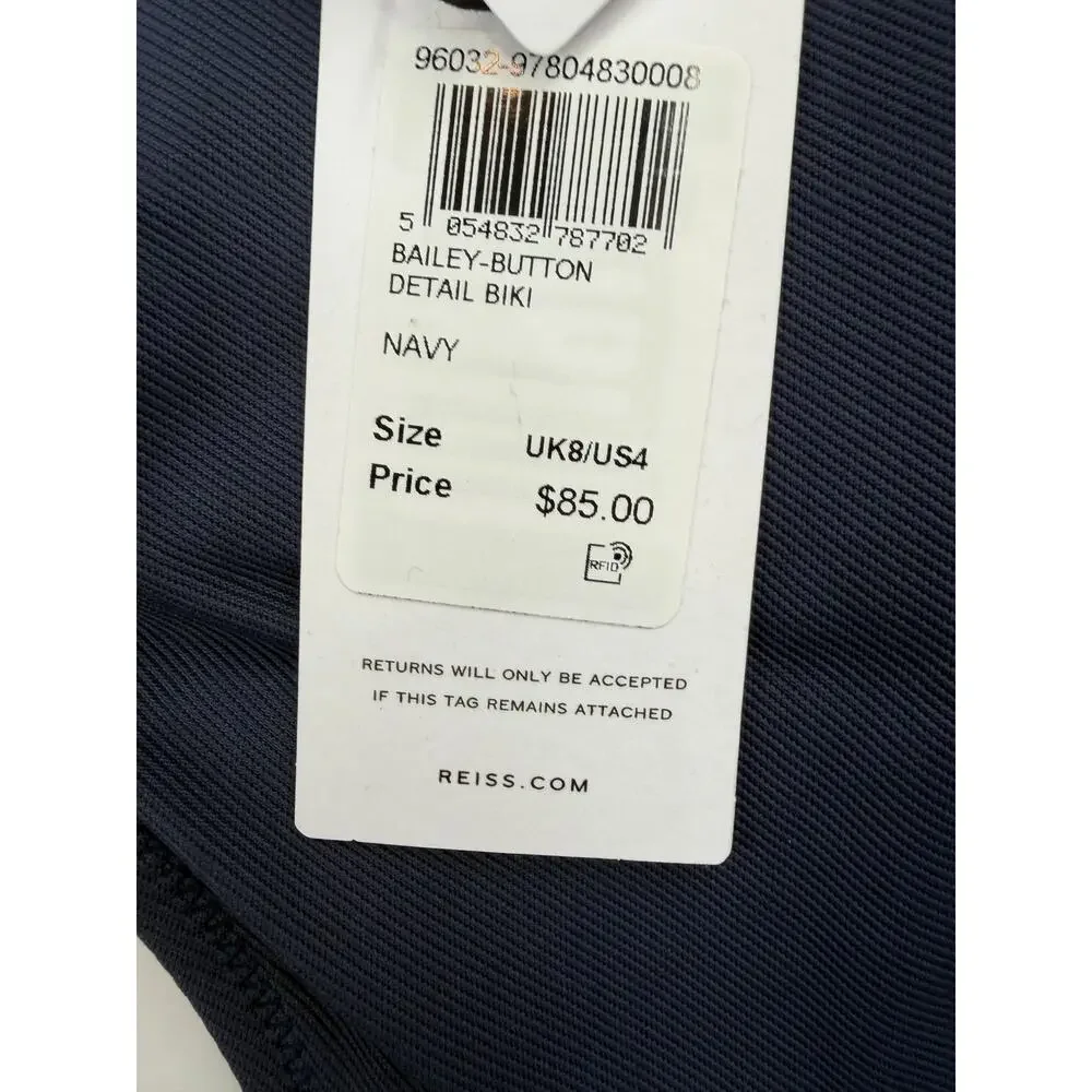 REISS Bathing Suit Set Size 4 NEW Navy Blue Bikini Halter Button Bottom Bailey